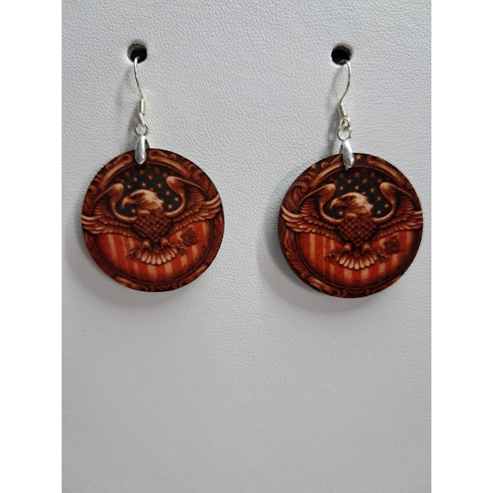 Handmade Wooden Eagle American Flag‎ Patriotic Drop Earrings Silver Tone Hooks